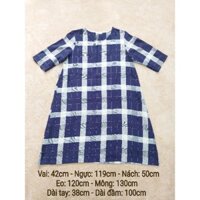 [2hand] Đầm của Hàn cổ tròn form rộng kẻ carô trắng + xanh navy tay lỡ (Không kèm thắt lưng) (Secondhand/Used/Si tuyển)