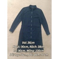 [2hand] Đầm sơ mi nữ Nhật made in India kẻ sọc caro màu xanh lá đậm phối xanh đen tay dài có nút cài & dây cột eo (Used)
