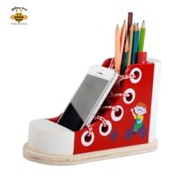 [2in1] Kệ đựng điện thoại kèm hộp đựng bút bằng gỗ