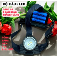[2in1]Đèn đội đầu siêu sáng 8075 dùng 8-12h liên tục ánh trắng và vàng trên 1 đèn, 4 chế độ, kèm 3 pin rời 18650