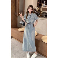 [2nd Siêu Phẩm] Váy bò denim cổ đức dáng dài, đầm jean bò màu dáng dài phong cách trẻ trung