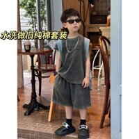 2RWE Bộ quần áo trẻ em cotton vintage giặt cát, áo vest + quần short, bộ áo khoác mùa hè mới cho bé trai, bộ hai mảnh