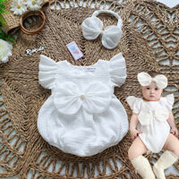 [3-12kg] Bodysuit áo liền thân xô muslin trắng RIOKIDS, quần áo đầy tháng cho bé gái sơ sinh BD128