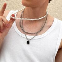 3 Cái / bộ Nam Retro Giả Ngọc Trai Vòng Cổ Hip Hop Thép Titan Khóa Dây Xích