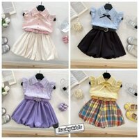 3 chiếc áo sơ mi tay sọc loe dễ thương cho bé gái + nụ ngắn + thắt lưng Bộ quần áo cotton mùa hè