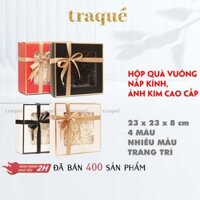 3 màu - 6 mẫu hoa trang trí Hộp quà hình vuông viền kim vàng  giấy lót rơm &amp; ruy băng gói quà tặng sinh nhật, tân gia - set Tiêu chuẩn - HỒNG