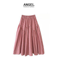 [3 Màu] ANGEL Thời trang nữ váy midi in hình kẻ sọc Cotton và vải lanh Hàn Quốc co giãn eo cao chữ A màu đen mỏng váy xích đu lớn váy xếp ly dài dành cho nữ