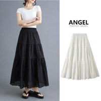 [3 màu] ANGEL Váy midi cotton thời trang nữ thêu hoa màu trơn Hàn Quốc co giãn eo cao trắng váy dài dành cho nữ 6611