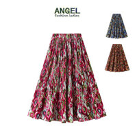 [3 Màu] ANGEL Váy midi nữ thời trang in hoa thun Hàn Quốc lưng cao chữ A màu đỏ mỏng váy xích đu lớn váy xếp ly dài dành cho nữ