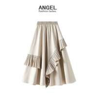 [3 màu] ANGEL Váy midi nữ thời trang thiết kế không đều màu trơn co giãn Hàn Quốc eo cao chữ A màu đen mỏng váy xếp ly lớn váy bánh dài dành cho nữ