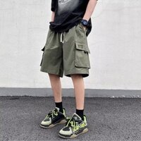 [3 màu] Quần short công sở bỏ túi lớn phong cách Hồng Kông dành cho nam mùa hè Quần short nhãn hiệu thời trang Nhật Bản quần short đen kaki màu xanh lá cây thường ngày dành cho trung tính