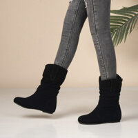 30-48 Kích Thước Lớn Kích Thước Nhỏ Thu Đông Giày Bốt Nữ Gót Thấp Giữa Ống Giày Bốt Da Nữ Tay Màu Đen Giày Bốt Đế Bằng