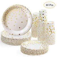 30 Chiếc Ly Giấy 9 Oz + 30 Chiếc Đĩa 7 "+ 30 Chiếc Bộ Đĩa 9" Gồm 90 Chiếc Đồ Uống & Bát Đĩa Dùng Một Lần Với Đĩa Tròn Chấm Bi Vàng Cốc Nước Giải Khát Đĩa Cơm Tối Đĩa Ăn Tráng Miệng