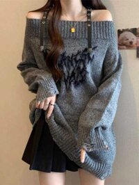 30 Kích Thước Lớn Thiết Kế Thắt Lưng Một Chữ Vai Rách Áo Len Nữ Thu Đông Béo MM Rộng Thùng Thình