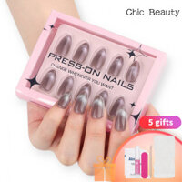 [30 miếng chất lượng cao] Làm móng mắt mèo cực quang màu xám đơn giản và trong suốt móng tay giả cao cấp kiểu hạnh nhân mặc móng tay fake nails