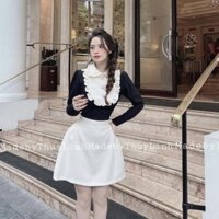 [3022] Set Áo Cổ Bèo Tag Đá Mix Chân Váy Tacta Sang Chảnh Có Ảnh Thật Kèm Video