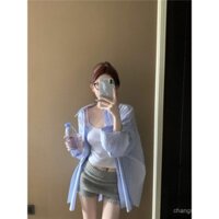 [3090 Yêu Thích] Áo Sơ Mi Dài Tay Sọc Xanh Phong Cách Hàn Quốc Dành Cho Phụ Nữ, Thiết Kế Mùa Hè, Phong Cách Lười, Kiểu Rộng, Dài Trung Bình, Áo Bảo Vệ Nắng