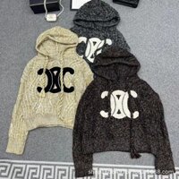 31h2 Celin Autumn and Winter New Heavy Industry Towel Embroidery Big Logo Hooded Hemp Rope Pullover Knitted Sweater