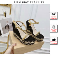 (328-71a) Sandal nữ đế xuồng lượn phối cói quai đinh tán cao 12cm hàng QC fullbox