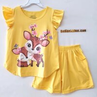 [32kg-45kg] Đồ bộ thun tay cánh tiên cho bé gái vải thun cotton 4 chiều xịn màu vàng hình nai sừng hoa
