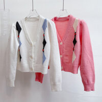 32XA Self-Portrait 2023Early Autumn New Coat Retro Hit Color Diamond Lattice Stitching Hand Crocheting V Collar Knitted Cardigan Design Blouse