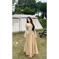 [3.3 Sales Freeship] Set tk hot ren hoa cao cấp trễ vai tay dài chân váy voan maxi dáng dài 2 lớp chuẩn hình mtb