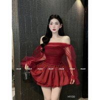 [3.3 Sales Freeship]Đầm nữ hot girl đi cưới, đầm ren đi tiệc trễ vai tay dài phối lưới tùng váy ngắn xòe kèm quần 3 màu