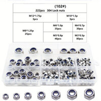 [333] 222 Bộ kết hợp đai ốc lục giác và đai ốc khóa hệ mét M3 M4 M5 M6 M8 M10 M12 Bộ đai ốc khóa bằng thép không gỉ 304, đai ốc khóa Nylon có ren tiêu chuẩn