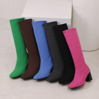 34-48 Kích Thước 2024 Phong Cách Mới Retro Mũi Tròn Không Đầu Gối Giày Cao Gót Dày Co Giãn Mỏng Giày Nữ