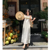 [3400-SẴN HÀNG] Váy hai dây trễ vai chất đũi sần, đầm maxi bệt vai bèo tầng dáng dài phong cách Vintage Hàn Quốc