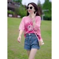 3529 Bộ Sưu Tập Người Màu Hồng Giả Băng Lụa Sọc Áo Len Nữ Tay Ngắn 2024 Rời Phong Cách Phương Tây Giảm Tuổi Áo Thun Nửa Tay Top Nữ