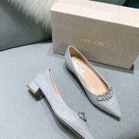 [3cm] Jimmy Choo Low Heels Chunky Heel Silver Sheep Skin Classic Crown Crystal Wedding Shoes