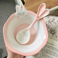 3D bát cơm thỏ hồng kèm thìa sứ cao cấp.