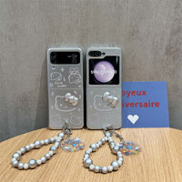 3d Hello Kitty Vòng Tay Ốp Lưng Điện Thoại Samsung Galaxy Z Flip 4 3 5 6 Mạ Bạc Chống Sốc Dành Cho Samsung Z Flip5 ZFlip5 Vỏ