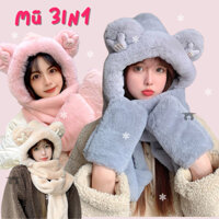 [3in1] Mũ len lông thỏ tai gấu kèm khăn và găng tay mềm mịn, ấm áp cho mùa đông