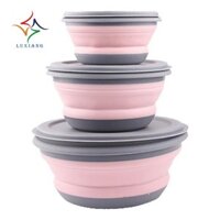 3Pcs/Set Bowl Sets Silicone Folding Lunch Box Folding Portable Silicone Folding Bowl Foldable Salad Bowl with Lid Blue