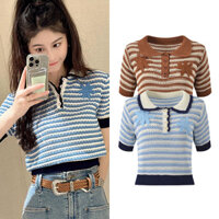 3XPC Sandro Striped Hollow Knit Top2024Summer New Youthful College Style Lapel Sweet Flower Crochet T T-shirt