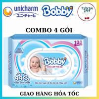 [4 gói] Khăn ướt Bobby không hương -gói 100 miếng