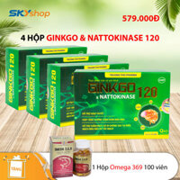 4 Hộp Ginkgo & Nattokinase 120 Tăng cường tuần hoàn não, giảm đau đầu hoa mắt, chóng mặt, tiền đình - Tặng 1 hộp Omega 369 100 viên