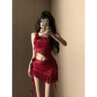 [4 Mảnh]Bikini đỏ lệch vai phối hoa nhẹ nhàng