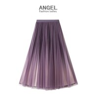 [4 màu] ANGEL Váy midi nữ thời trang lưới Màu gradient sáng bóng Hàn Quốc lưng cao đàn hồi chữ A màu đỏ mỏng xoay lớn Váy vải tuyn Tutu váy dài dành cho nữ