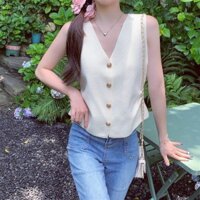 4 Màu Ngắn Phong Cách Xe Tăng Áo Nữ Retro Dệt Kim Áo Vest Không Tay Nút Mỏng Đi Bộ Top