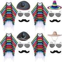 4 pcs Mexican trang phục Mexican serape sọc Poncho sombrero hat Kính mát ria mép phụ kiện trang phục cho Mexican Đảng