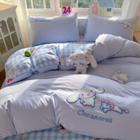 4 TRONG 1 Hoạt Hình Sanrio Cinnamoroll Khăn Embrolidery Bộ Chăn Ga Gối Cotton Mềm Bộ Khăn Trải Giường Cho Trẻ Em Đơn Đôi Queen King Quilt Cover Tấm Phẳng / Vỏ Gối Trang Bị
