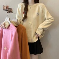 40-100kg Thêu Ba Chiều Hoa Áo Len Nữ Cổ Tròn Trang Trọng Vai Đan Top