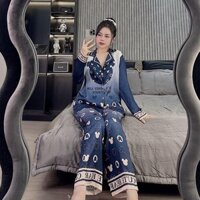 (40-55kg)Bộ Pijama Cho Nữ Gấu Xanh Cute Lụa Xước Quần Có Túi