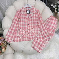 [40-60kg] Bộ Pijama kate tay dài quần dài - kẻ sọc caro