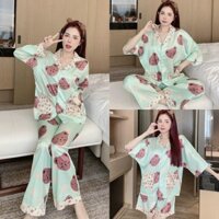 (40-60kg)Bộ Pijama Cho Nữ Gấu Nền Xanh Lơ Lụa Xước Quần Có Túi