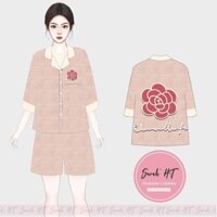 (40-60kg)Bộ Pijama Cho Nữ Hoa Hồng Kem  Lụa Xước Quần Có Túi