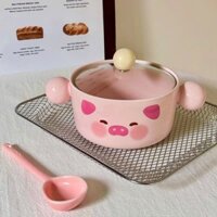 [40] Thố Sứ Ăn Mì Có Nắp Thủy Tinh - HEO (W025)